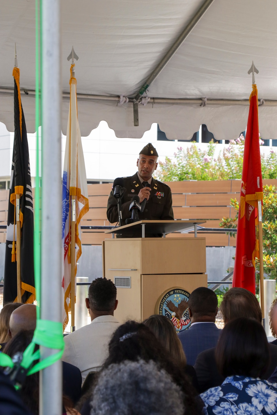 Maj. Antony Palocaren, U.S. Army Corps of Engineers Los Angeles District deputy commander, provides remarks during the July 24 Tibor Rubin VA Medical Center Community Living Center ribbon-cutting ceremony at Long Beach, California.