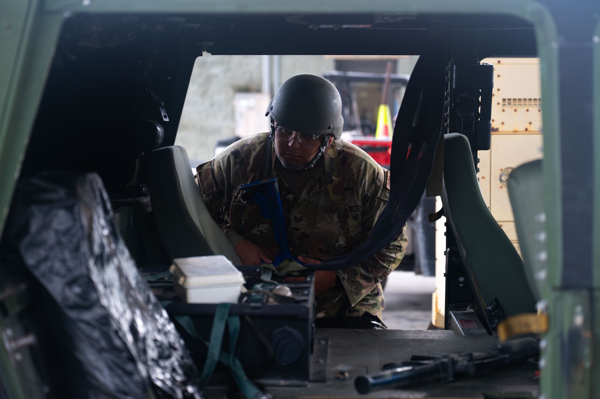 A U.S. Air Force Airman assigned to the 355th Combat Air Base Squadron participates in vehicle search training during Exercise Coyote Storm 26.1 at Tyndall Air Force Base, Florida, July 20, 2026. CS 26.1 equipped Airmen with the skills needed to maintain strategic deterrence in austere and unpredictable environments. (U.S. Air Force photo by Airman 1st Class Jaden Kidd)