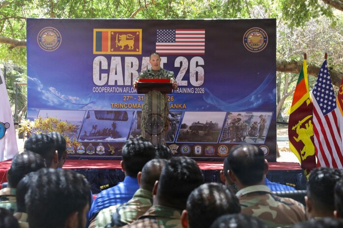 U.S. Navy Capt. Michael Messenger, deputy commander, Expeditionary Strike Group 7, gives opening remarks at the Cooperation Afloat Readiness and Training (CARAT) Sri Lanka 2026 opening ceremony in Trincomalee, Sri Lanka, July 27, 2026.