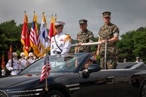 Commanding General of III Marine Expeditionary Force, U.S. Marine Corps Lt. Gen. Benjamin Watson, right, and Republic of Korea Marine Corps Lt. Gen. Ju Il-Seok, 37th commandant of the Republic of Korea Marine Corps, ride in a parade car during a tour of ROK Marine Corps headquarters in Hwaseong, South Korea, July 24, 2026.