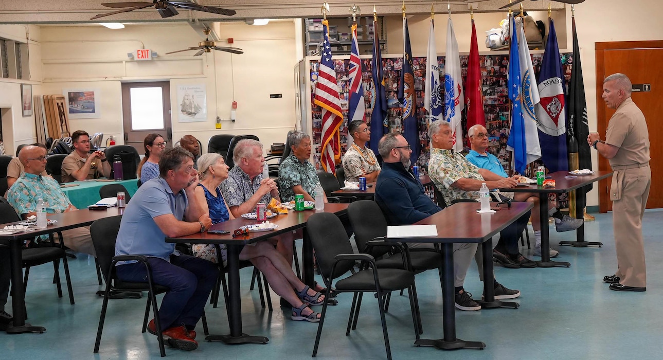 Rear Adm. Lester Ortiz, deputy commander, Navy Closure Task Force-Red Hill (NCTF-RH) provides a progress update during a meeting with the Honolulu Navy League in Honolulu, July 14, 2026. Charged with the safe decommissioning of the Red Hill Bulk Fuel Storage Facility (RHBFSF), NCTF-RH was established by the Department of the Navy as a commitment to the community and the environment. NCTF-RH continues to engage with the people of Hawaii, regulatory agencies, and other stakeholders as it safely and deliberately decommissions the RHBFSF. (U.S. Navy photo by Mass Communication Specialist 1st Class Glenn Slaughter)