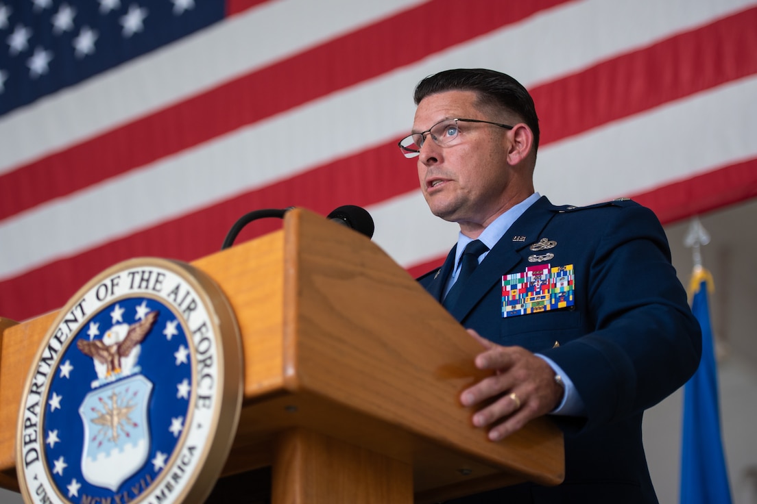Newly promoted Brig. Gen. Ash Groves, chief of the Air staff at Joint Force Headquarters-Kentucky, speaks during his promotion ceremony at the Kentucky Air National Guard Base in Louisville, Ky., June 7, 2026. Groves previously served as director of the Air staff at JFHQ-KY. (U.S. Air National Guard photo by Tech. Sgt. Chloe Ochs)