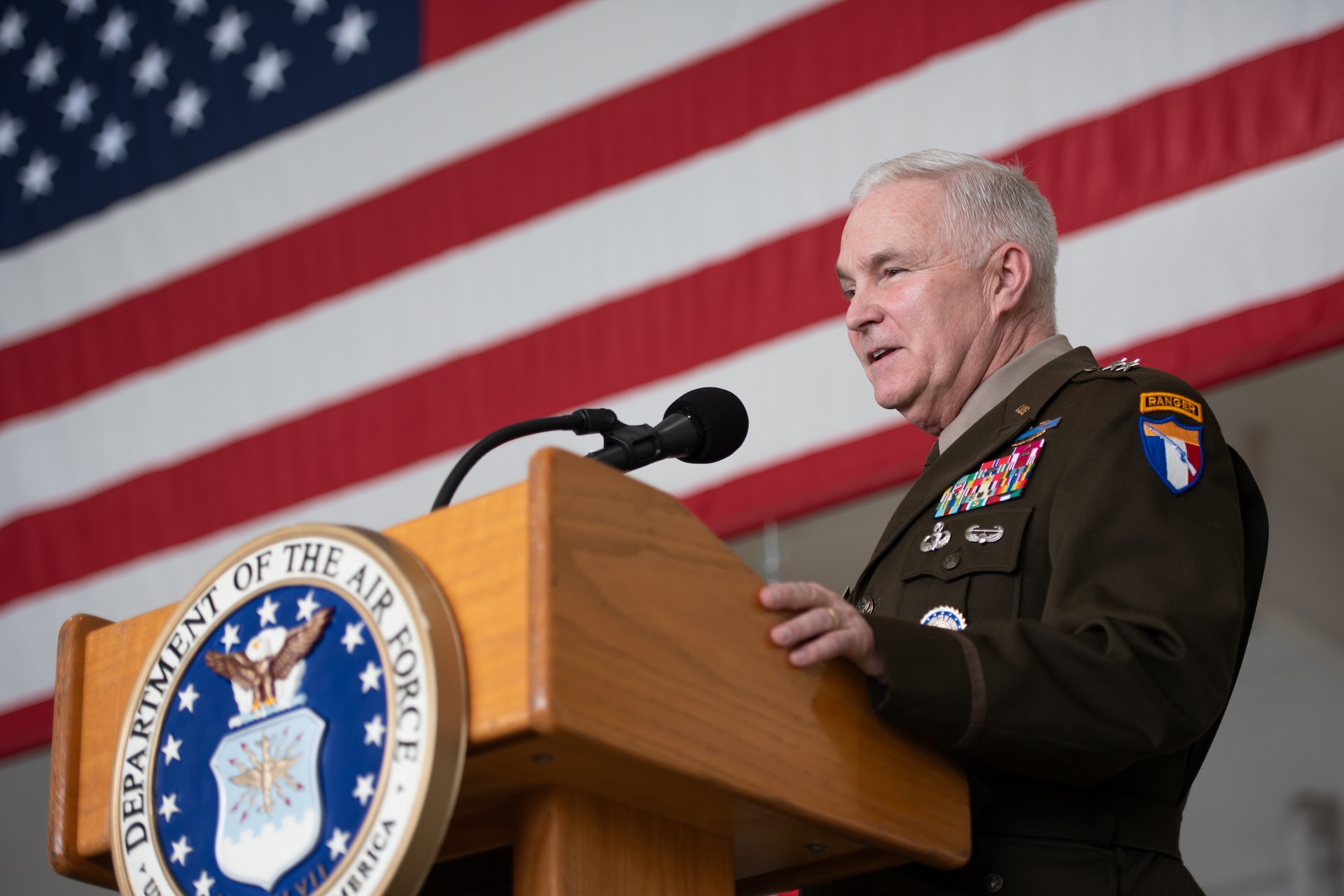 U.S. Army Maj. Gen. Haldane Lamberton, adjutant general of the Kentucky National Guard, speaks during a ceremony promoting U.S. Air Force Col. Ash Groves to the rank of brigadier general at the Kentucky Air National Guard Base in Louisville, Ky., June 7, 2026. Groves is chief of the Air staff at Joint Force Headquarters-Kentucky. (U.S. Air National Guard photo by Tech. Sgt. Chloe Ochs)