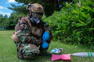U.S. Air National Guard Staff Sgt. Michelle Alejo-Huazano, 163rd Civil Engineer Squadron emergency management specialist, California Air National Guard, conducts simulated chemical, biological, radiological and nuclear sample collection during Serow Samurai at Misawa Air Base, Japan, July 20, 2026.