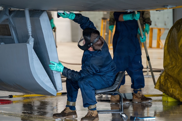 Pennsylvania Air National Guardsmen assigned to the 171st Maintenance Squadron, wash a KC-135 Stratotanker aircraft at the 171st Air Refueling Wing near Pittsburgh, Pennsylvania, May 6, 2026. Proper upkeep and maintenance on the KC-135 is essential to maintaining mission readiness at the 171st. (U.S. Air National Guard photo by Tech. Sgt. Rebecca A. Wirth)