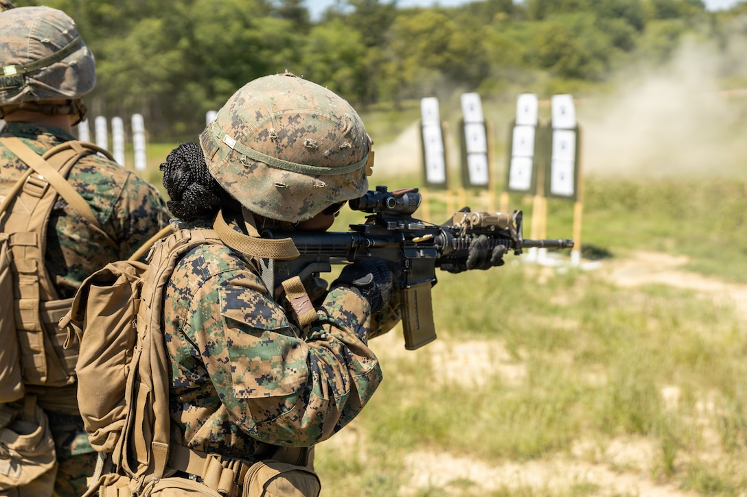 U.S. Marine Corps students with Company C, Basic Officer Course 2-26, shoot an M4 carbine during the Tactical Marksmanship range at Marine Corps Base Quantico, Virginia, Jun. 17, 2026. Marines engage targets during Short Bay live-fire training, honing speed, accuracy, and tactical shooting skills. (U.S. Marine Corps photo by Cpl. Memphis Pitts)
