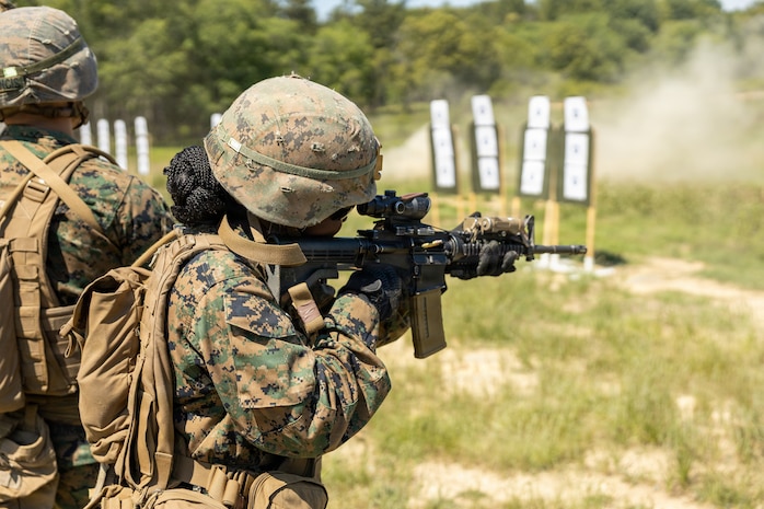 U.S. Marine Corps students with Company C, Basic Officer Course 2-26, shoot an M4 carbine during the Tactical Marksmanship range at Marine Corps Base Quantico, Virginia, Jun. 17, 2026. Marines engage targets during Short Bay live-fire training, honing speed, accuracy, and tactical shooting skills. (U.S. Marine Corps photo by Cpl. Memphis Pitts)