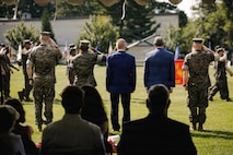 U.S. Marine Corps Col. Charles E. Miller II, the incoming commanding officer of The Basic School and all former commanding officers of TBS in attendance participate in the pass and review portion of the TBS change of command ceremony at Marine Corps Base Quantico, Virginia, July 15, 2026. During the ceremony, Col. Robert G. McCarthy III relinquished command of TBS to Miller. (U.S. Marine Corps photo by Cpl. Joshua Barker)