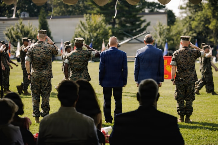 U.S. Marine Corps Col. Charles E. Miller II, the incoming commanding officer of The Basic School and all former commanding officers of TBS in attendance participate in the pass and review portion of the TBS change of command ceremony at Marine Corps Base Quantico, Virginia, July 15, 2026. During the ceremony, Col. Robert G. McCarthy III relinquished command of TBS to Miller. (U.S. Marine Corps photo by Cpl. Joshua Barker)