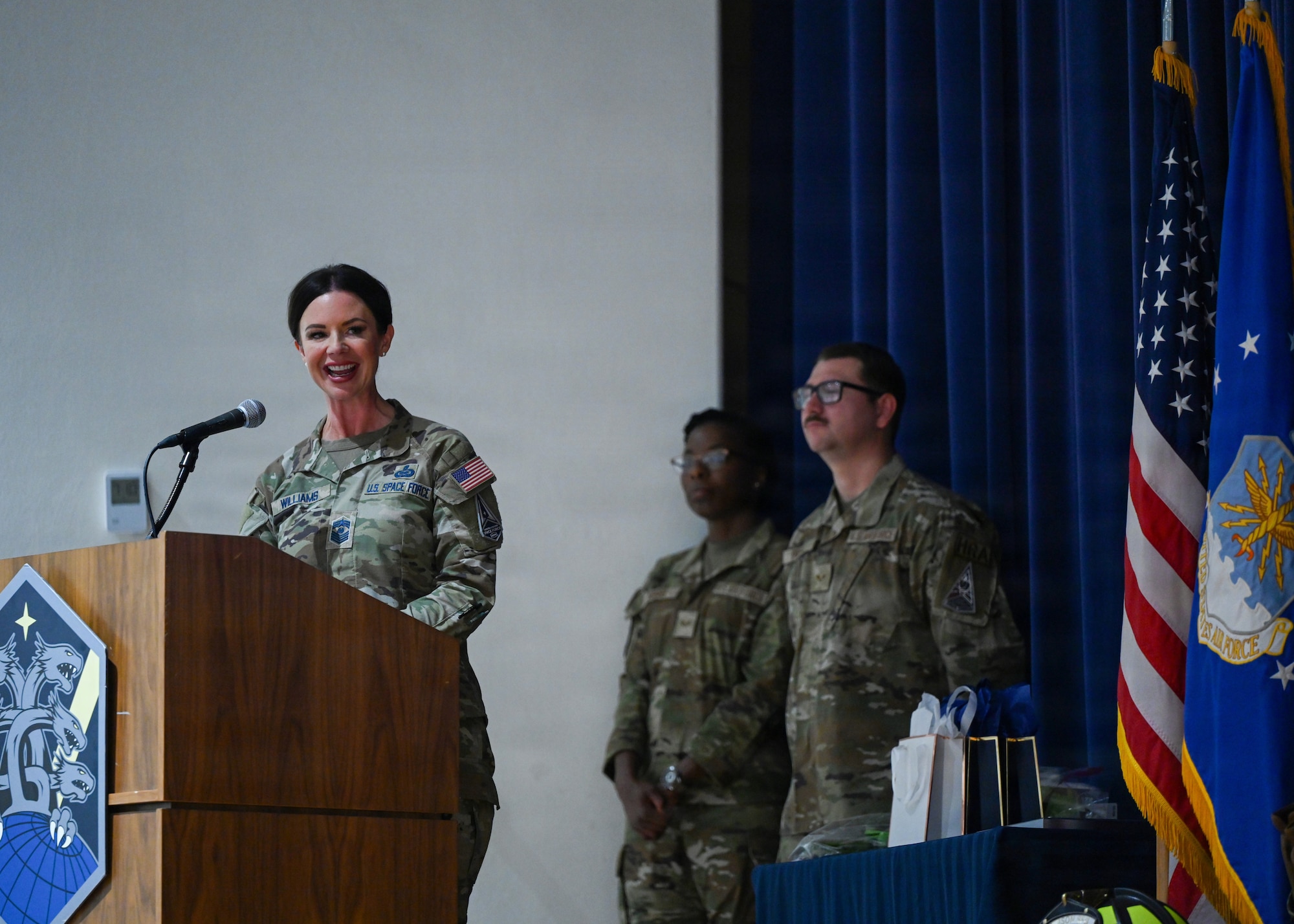 Chief Master Sgt. Sarah Williams makes remarks standing behind a podium.