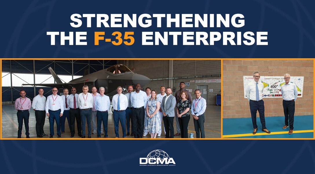 A graphic with two group photos labeled as Strengthening The F-35 Enterprise.