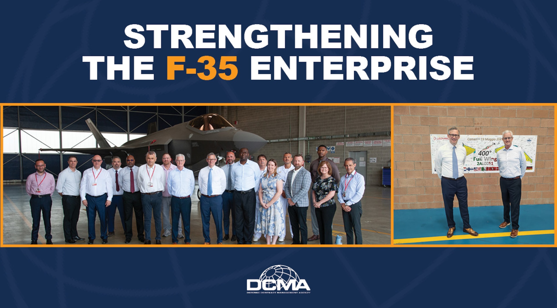 A graphic with two group photos labeled as Strengthening The F-35 Enterprise.