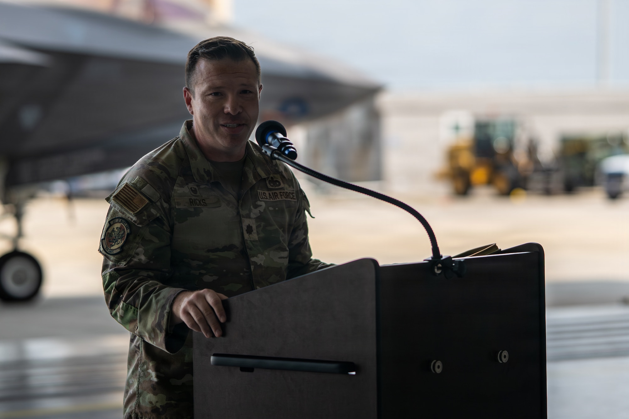 U.S. Air Force Maj. Donovan Ricks addresses his formation for the first time after assuming command of the reactivated 325th Aircraft Maintenance Squadron at Tyndall Air Force Base, Florida, July 27, 2026