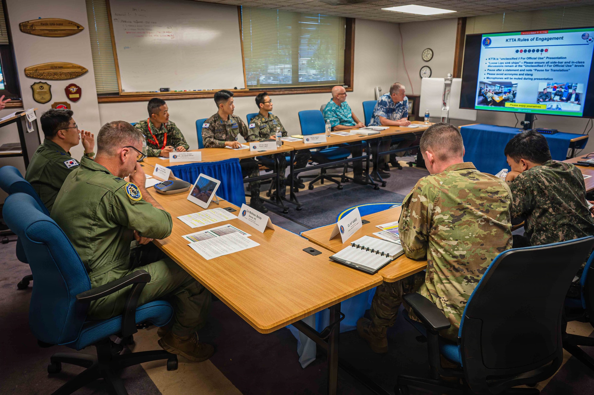 Service members assigned to the Republic of Korea Air Force, 94th Army Air and Missile Defense Command, and the Pacific Air Forces receive guidance in the Korean Tabletop Academy on Joint Base Pearl Harbor Hickam, Hawaii, July 13, 2026.