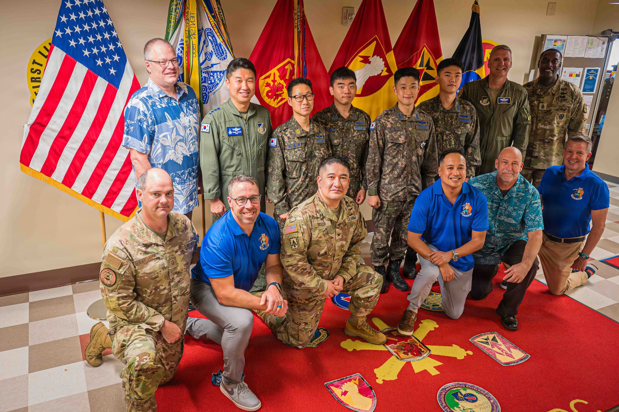 Service members assigned to the Republic of Korea Air Force, 94th Army Air and Missile Defense Command, and the Pacific Air Forces pose for a group photo in the 94th AAMDC headquarters as part of the Korean Tabletop Academy on Joint Base Pearl Harbor Hickam, Hawaii, July 13, 2026.