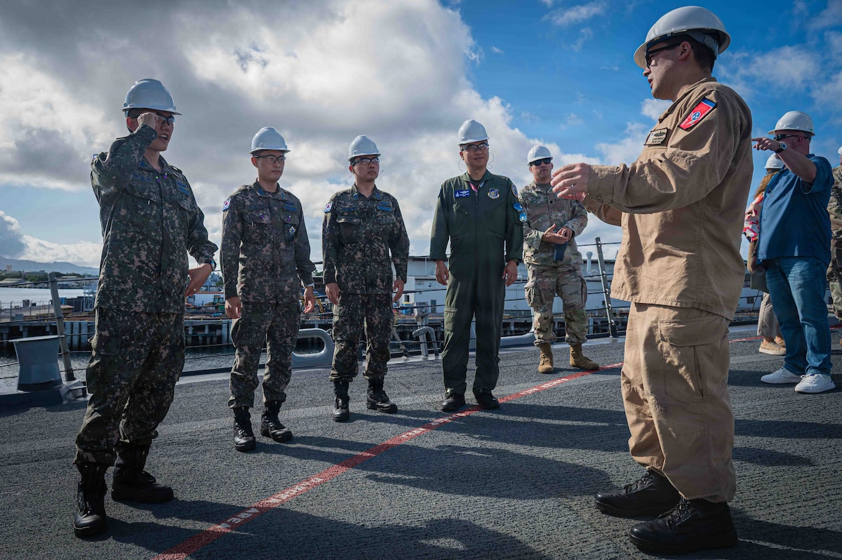 Service members assigned to the Republic of Korea Air Force, 94th Army Air and Missile Defense Command, and the Pacific Air Forces receive a tour of the USS William P. Lawrence the Korean Tabletop Academy on Joint Base Pearl Harbor Hickam, Hawaii, July 21, 2026.