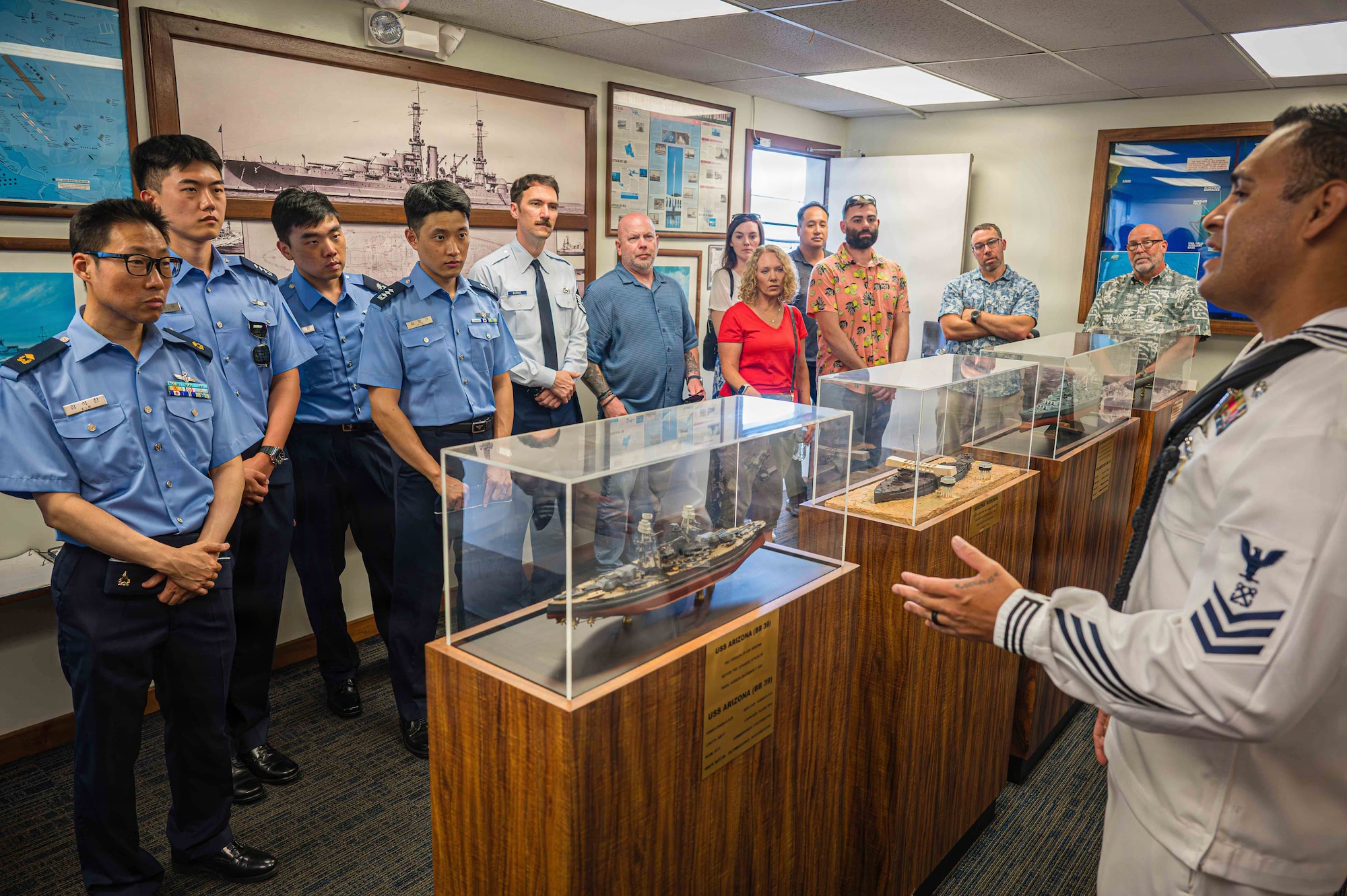 Service members assigned to the Republic of Korea Air Force, 94th Army Air and Missile Defense Command, and the Pacific Air Forces receive a Pearl Harbor remembrance tour as part of the Korean Tabletop Academy on Joint Base Pearl Harbor Hickam, Hawaii, July 21, 2026.