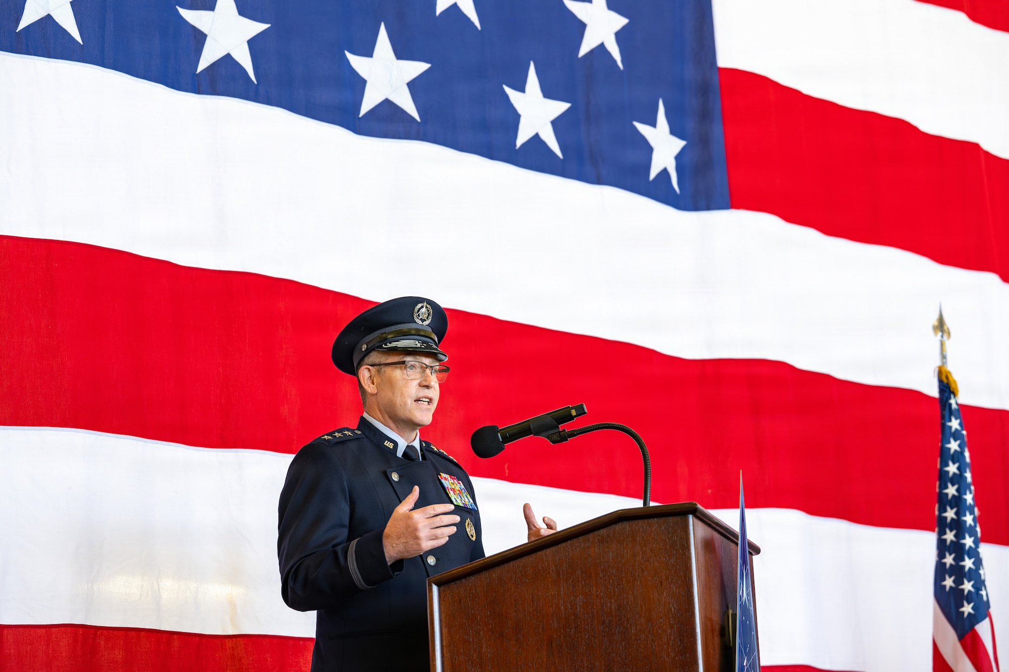 U.S. Space Force Lt. Gen. Gregory Gagnon, Combat Forces Command commander, presides over the Space Base Delta 1 change of command ceremony