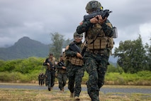 Members of the Peruvian Naval Infantry provide security during an air insert as part of Exercise Rim of the Pacific 2026 at Marine Corps Training Area Bellows, Hawaii, July 25, 2026.