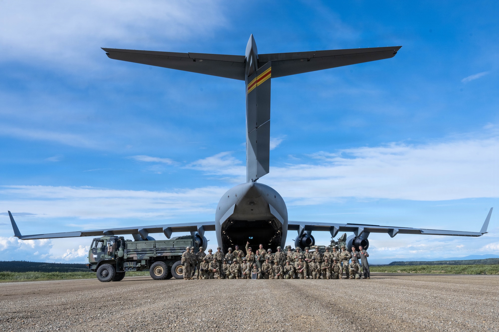 U.S. Airmen from the 535th Airlift Squadron and 204th Airlift Squadron, as well as Soldiers from
the 2nd Battalion, 377th Parachute Field Artillery Regiment, 11th Airborne Division, pose for a
group photo at Donnelly Landing Zone, Alaska, July 13, 2026. During Arctic Predictable Iron ‘26,
Air Force aircrews practiced low-level flight and cargo operations while Soldiers refined airborne
insertion and field artillery procedures. (U.S. Air Force photo by Senior Airman Lauren Torres)