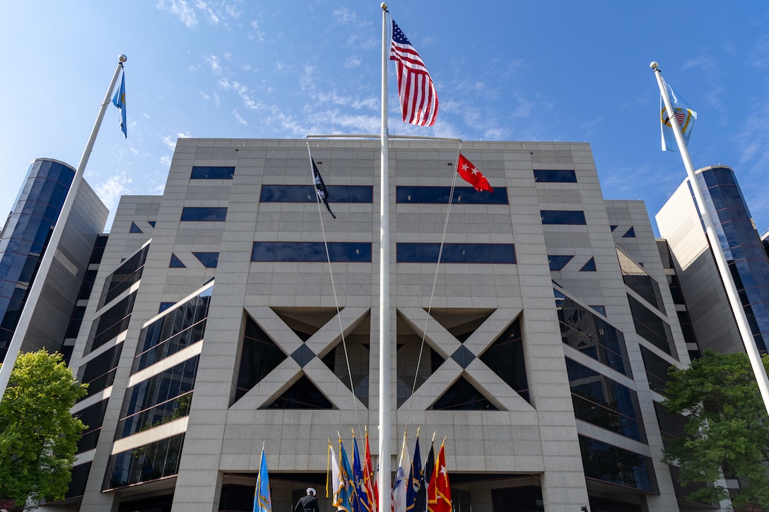 A building with flags.