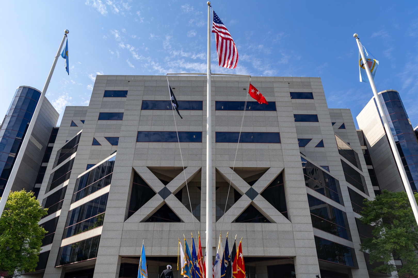 A building with flags.
