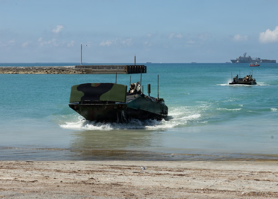 Amphibious Combat Vehicles with the 31st Marine Expeditionary Unit, III Marine Expeditionary Force, arrive at White Beach Naval Facility, Okinawa, Japan, July 23, 2026. Forward deployed to Okinawa, the 31st MEU serves as a flexible, sea-based Marine Air-Ground Task Force (MAGTF). Together they routinely operate with allies and partners to preserve a free and open Indo-Pacific, remaining a global force ready to respond to crises anywhere in the world. Within the U.S. 7th Fleet area of operations, Expeditionary Strike Group 7 / Commander, Task Force 76 is responsible for conducting expeditionary warfare operations with Navy and Marine Corps capabilities to support theater contingencies that range from crisis response to full combat operations. U.S. Navy 7th Fleet is the U.S. Navy’s largest forward deployed numbered fleet, routinely interacts and operates with allies and partners in preserving a free and open Indo-Pacific. (U.S. Marine Corps photo by Cpl. Kindsey Calvert)