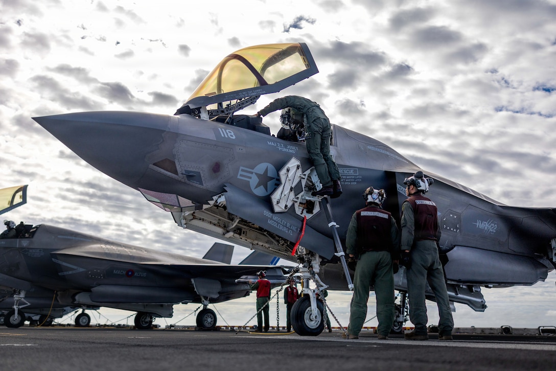 A U.S. Marine Corps F-35B Lighting II assigned to Marine Fighter Attack Squadron (VMFA) 122, 11th Marine Expeditionary Unit, is prepared for flight operations aboard Wasp-class amphibious assault ship USS Boxer (LHD 4) in the Indian Ocean, June 23, 2026. The 11th MEU, embarked aboard the Boxer Amphibious Ready Group, is a persistent, combat credible force contributing to deterrence and crisis response in the U.S. 7th Fleet area of operations. U.S. 7th Fleet, the U.S. Navy's largest forward-deployed numbered fleet, routinely interacts and operates with allies and partners to preserve a free and open Indo-Pacific. (U.S. Marine Corps photo by Sgt. Trent A. Henry)