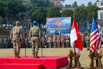 Brig. Gen. Phillip L. Mallory (left), Hawaiʻi National Guard deputy adjutant general, stands alongside Maj. Gen. Iwan Bambang S., S.I.P., commander of the Indonesian Armed Forces Peacekeeping Center (PMPP TNI), during the opening ceremony of Exercise Garuda Canti Dharma III at the Indonesian Peacekeeping Training Center, July 20, 2026.