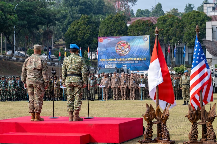 Brig. Gen. Phillip L. Mallory (left), Hawaiʻi National Guard deputy adjutant general, stands alongside Maj. Gen. Iwan Bambang S., S.I.P., commander of the Indonesian Armed Forces Peacekeeping Center (PMPP TNI), during the opening ceremony of Exercise Garuda Canti Dharma III at the Indonesian Peacekeeping Training Center, July 20, 2026.