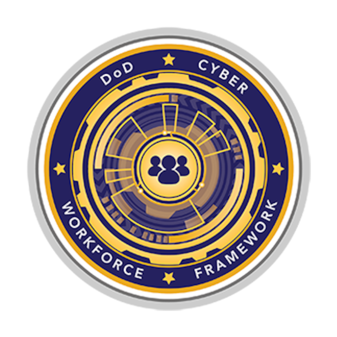 DOD Cyber Workforce Framework circular seal with navy and gold gear design, radar and circuit graphic and a people icon in the center