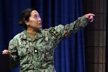 SAN DIEGO (May 14, 2026) — Lt. Cmdr. Kristine Tolentino Parra, a general surgeon and platform lead for Expeditionary Resuscitative Surgical System 14 at Navy Medicine Readiness and Training Command Camp Pendleton, shares her experiences from the historic Artemis II recovery mission. During the presentation at the Naval Medical Forces Pacific headquarters, Para emphasized that her team treats every assignment as a no-fail mission, relying on early communication and past lessons learned to understand medical risks before deployment. (U.S. Navy photo by Arsenio R. Cortez Jr.)