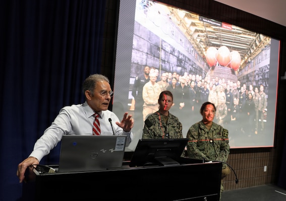 SAN DIEGO (May 14, 2026) — Mark Boman, chief of staff for Naval Medical Forces Pacific, thanks Lt. Stephanie Ryan, center, and Lt. Cmdr. Kristine Tolentino Parra, right, for sharing their experiences from the historic Artemis II recovery operations, giving the NMFP team an exclusive look at the role of Navy Expeditionary Medicine. Parra, a general surgeon and platform lead for Expeditionary Resuscitative Surgical System 14 at Navy Medicine Readiness and Training Command Camp Pendleton, and Ryan, a Navy nurse with En Route Care System 11 at NMRTC San Diego, provided medical support to the astronauts and the Navy recovery team during the operations. (U.S. Navy photo by Arsenio R. Cortez Jr.)