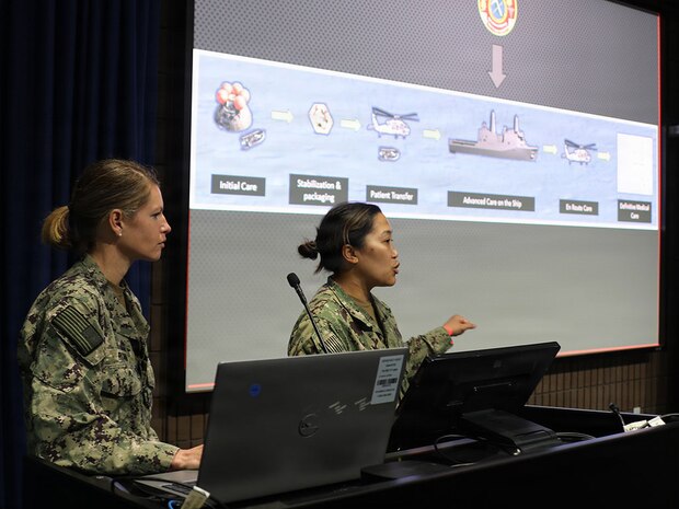 SAN DIEGO (May 14, 2026) — Lt. Cmdr. Kristine Tolentino Parra, right, and Lt. Stephanie Ryan, left, provide an overview of the historic Artemis II recovery mission during a presentation at the Naval Medical Forces Pacific headquarters.  Parra, a general surgeon and platform lead for Expeditionary Resuscitative Surgical System 14 at Navy Medicine Readiness and Training Command Camp Pendleton, and Ryan, a Navy nurse with En Route Care System 11 at NMRTC San Diego, served with their teams that stood ready to provide medical support to the astronauts and the Navy recovery team during the operations. (U.S. Navy photo by Arsenio R. Cortez Jr.)