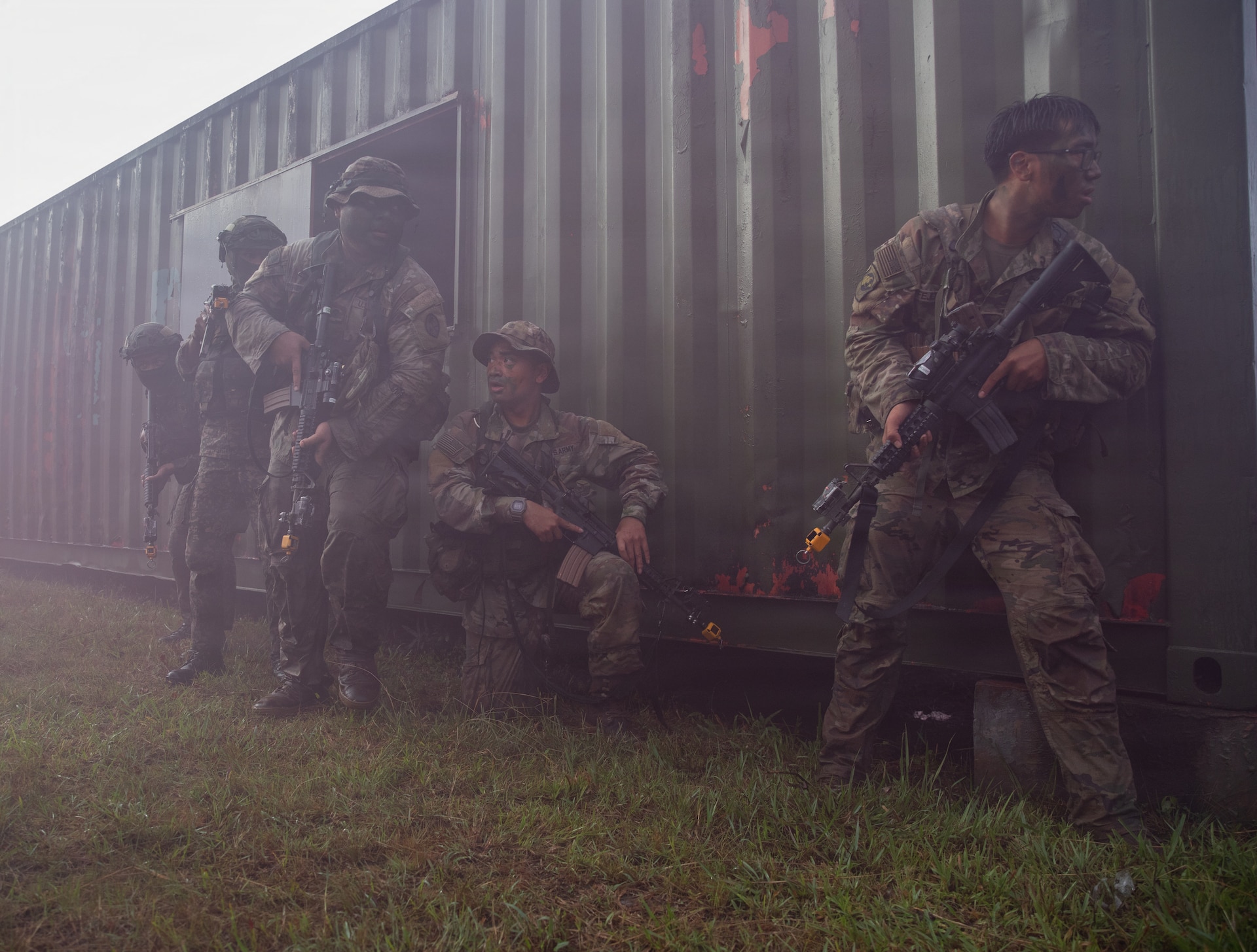 Soldiers with the Guam National Guard and the Malaysian Army prepare to move out of cover during a force-on-force exercise during Keris Strike 26 near Kota Belud, Malaysia, July 22, 2026.