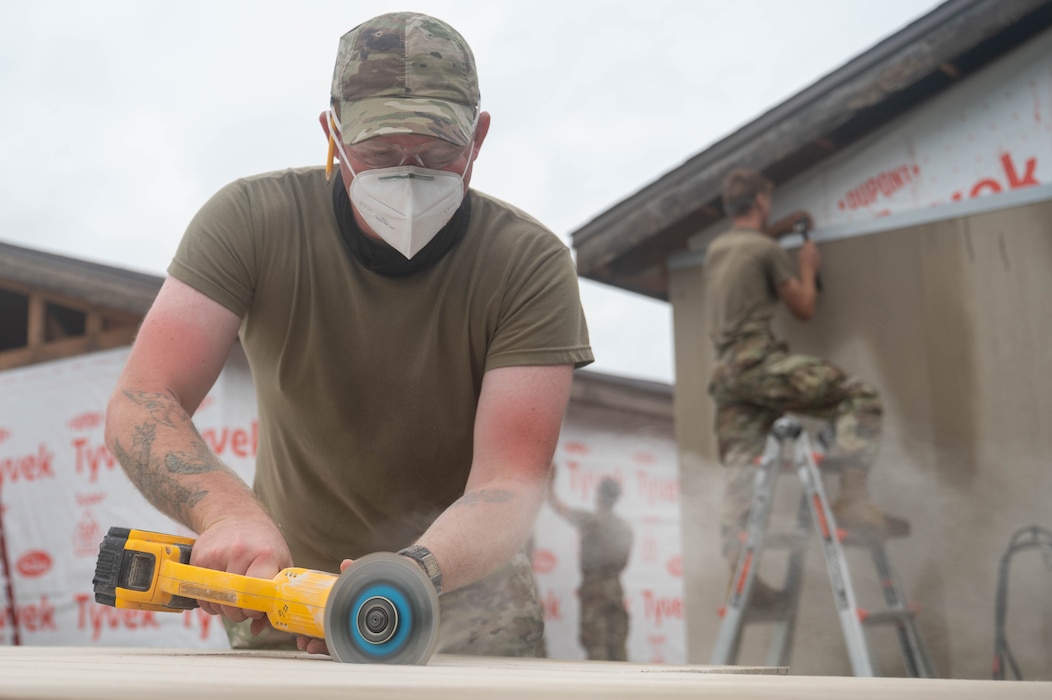 New York Air National Guard Tech. Sgt. Nicholas Schuster, 107th Civil Engineer Squadron structures assistant noncommissioned officer in charge, cuts drywall for building refurbishments at Kunsan Air Base, Republic of Korea, July 8, 2026. Members of the 107th CES worked with the 8th CES to complete projects around Kunsan and ensure base facilities are maintained. (U.S. Air Force photo by Staff Sgt. Cedrique Oldaker)
