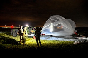 Multi-Domain Command - Europe Soldiers launch Micro High-Altitude Balloons (HABs) during a training event in Powidz, Poland in late July. The exercise validates procedures for launching, monitoring, controlling, and recovering high-altitude platforms while evaluating experimental payloads and operational concepts in a realistic operating environment. (US Army Photo by Sergeant First Class Rajheem A. Dixon)