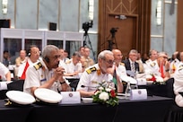 Libyan National Army Rear Adm. Abdelhafih Mohamed Hassan Alareibi, deputy chief of naval staff, left, and Government of National Unity Vice Adm. Mohamed Nureddin Elbuni, chief of naval forces, right, listen to discussions in Rabat, Morocco, July 21, 2026.