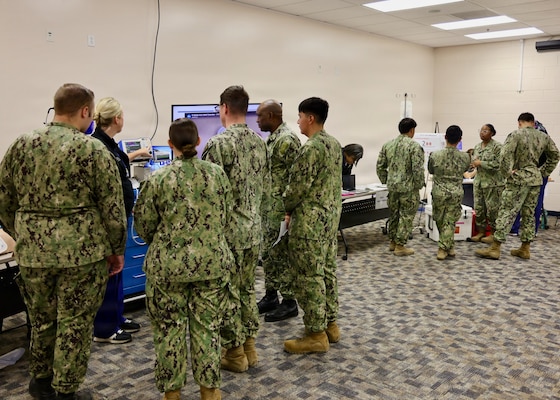 Nurses, hospital corpsmen and staff assigned to Navy Medicine Readiness and Training Command Twentynine Palms participate in the command's Annual Nursing and Corpsmen Skills Fair, April 28, 2026. The hands-on training reinforced critical clinical procedures, emergency response skills and communication to strengthen medical readiness and support the delivery of safe, high-quality patient care. (U.S. Navy photo by Christopher Jones, NH/NMRTC Twentynine Palms public affairs officer).