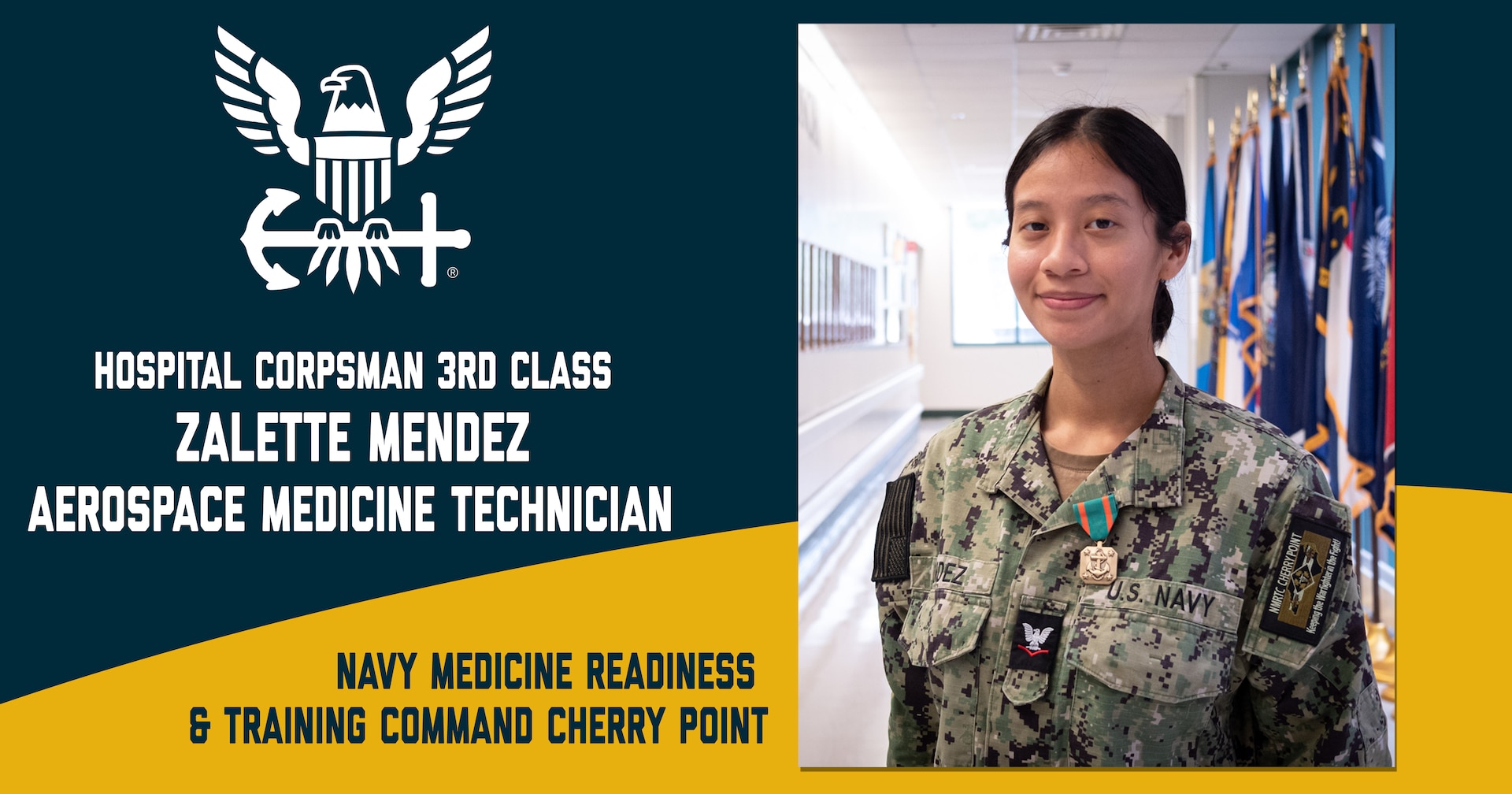 Hospital Corpsman Third Class Zalette Mendez serves on the Readiness Team at Navy Medicine Readiness and Training Command Cherry Point.  Mendez and her team conduct flight physicals, separations, periodic health assessments, hearing tests, vision exams and other screenings for active-duty service members stationed at MCAS Cherry Point.  The tests and evaluations ensure fitness for duty and deployability to training and overseas operations.