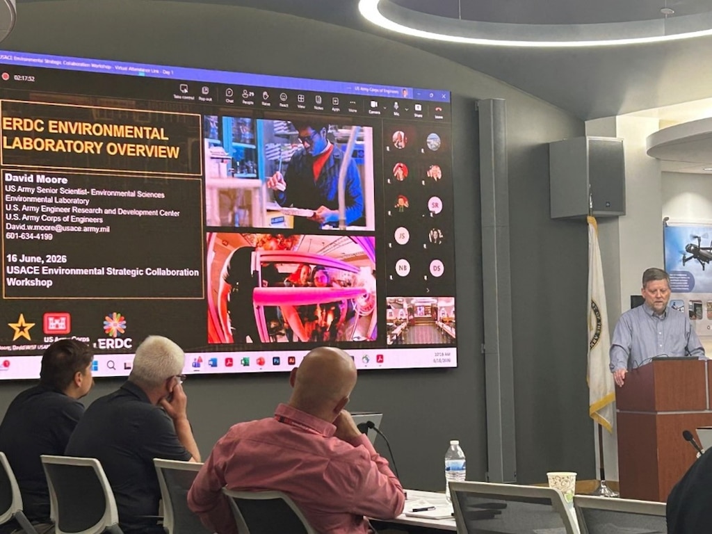 Dr. David Moore, senior scientist for environmental sciences, discusses the U.S. Army Engineer Research and Development Center’s Environmental Laboratory competencies, highlighting high-impact pilot projects directly supporting Formerly Used Defense Sites (FUDS), Base Realignment and Closure (BRAC) and EPA Support (Superfund/Brownfields).
The presentation was part of a workshop focusing on accelerating mission delivery, maximizing installation resilience and strengthening long-term operational readiness across the three critical portfolios.