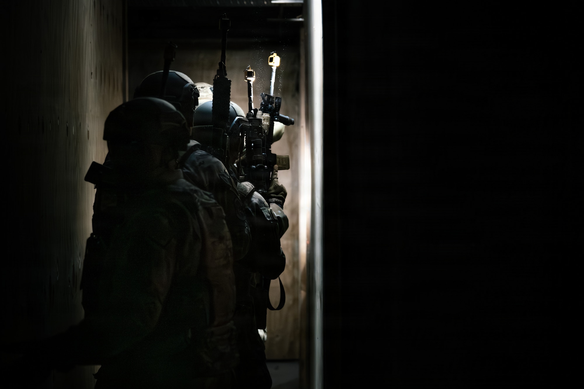 U.S. Air Force Airmen assigned to the 569th U.S. Forces Police Squadron, clear a building for simulated threats at Kapaun Air Station, Germany, July 23, 2026. The