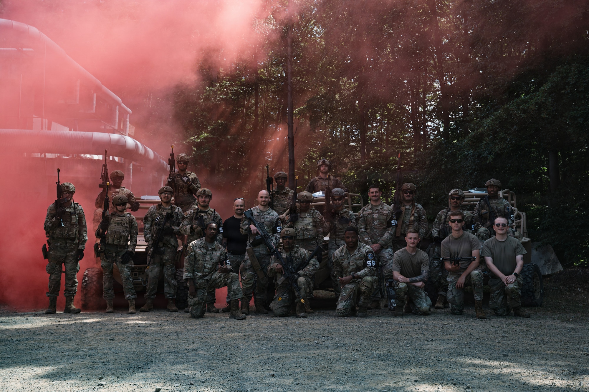 U.S. Air Force Airmen assigned to the 569th U.S. Forces Police Squadron, pose for a group photo at Kapaun Air Station, Germany, July 23, 2026.