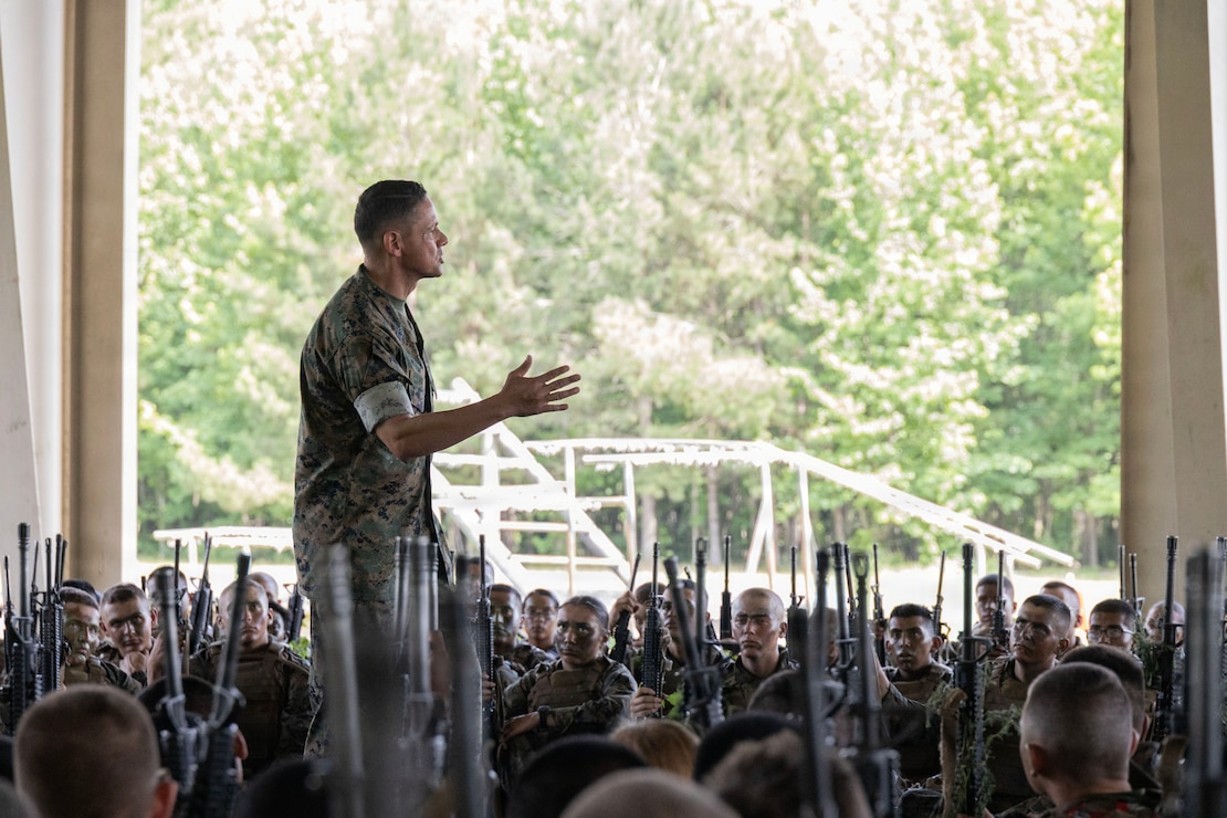U.S. Marine Corps Sgt. Maj. Carlos A. Ruiz, the 20th Sergeant Major of the Marine Corps, visits students and staff of Marine Combat Training Battalion, School of Infantry-East, Camp Devil Dog, North Carolina, June 10, 2026. During his visit, Ruiz observed training, spoke with students and staff, and received quality of life updates. (U.S. Marine Corps photo by Gunnery Sgt. Jordan E. Gilbert)