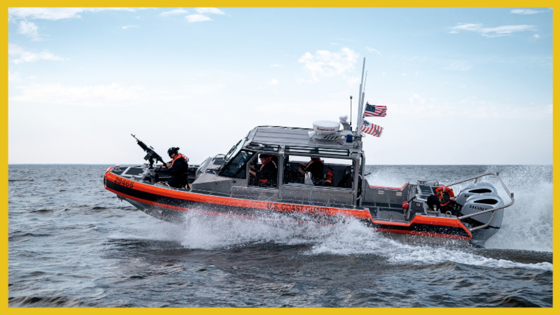 A U.S. Coast Guard response boat-small crew assigned to Coast Guard Station Annapolis, Maryland, performs a sharp turn while preparing for a high-capacity vessel escort in the Chesapeake Bay June 22, 2025. The crew escorted a cruise ship through the bay to deter potential threats, protect passengers and manage nearby vessel traffic. (U.S. Coast Guard photo by Petty Officer 2nd Class Tyler Robertson)