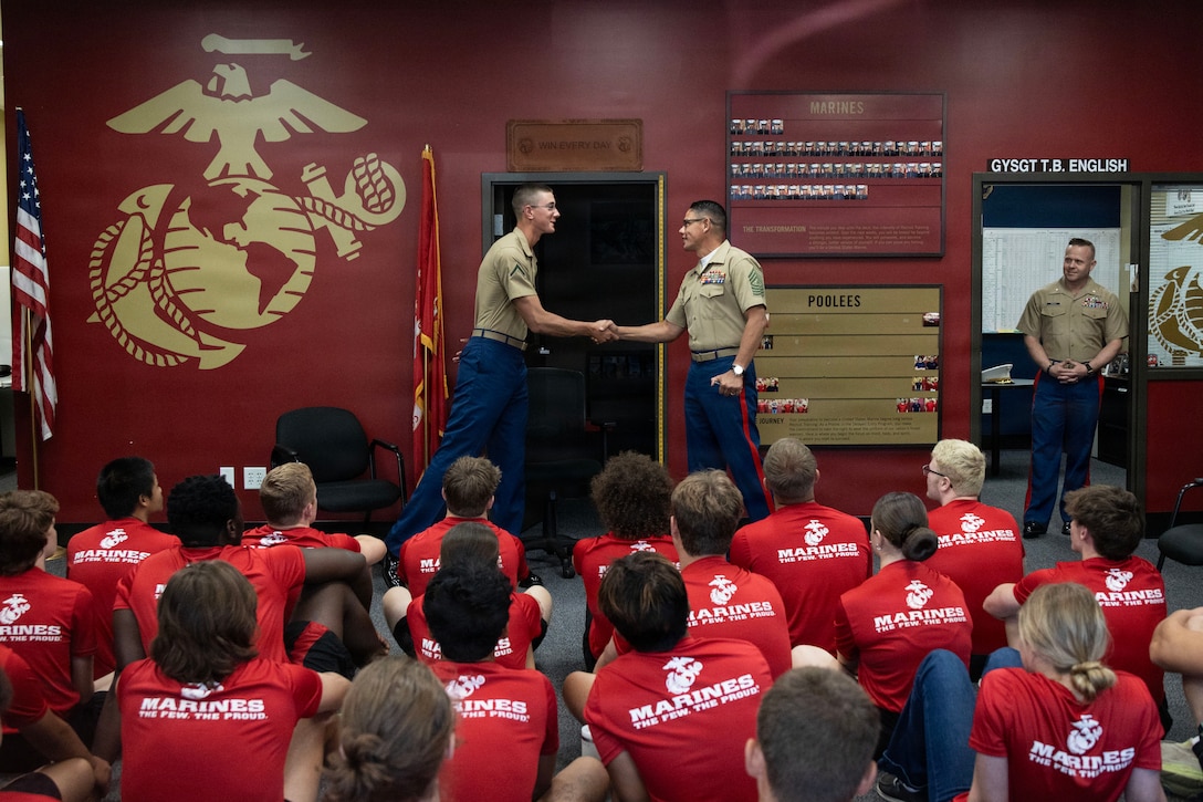 U.S. Marine Corps Sgt. Maj. Carlos A. Ruiz, the 20th Sergeant Major of the Marine Corps, visits staff and shippers at the Minneapolis Military Entrance Processing Station, staff with Recruiting Station Twin Cities, and recruiters and future Marines with Recruiting Sub-Station Bloomington, Minnesota, July 13, 2026. As part of his visit, Ruiz spoke with Marine recruiters, staff, and future Marines in order to gain a better understanding of current operations, while speaking to the importance of recruiting duty and finding purpose in the Marine Corps. (U.S. Marine Corps photo by Gunnery Sgt. Jordan E. Gilbert)