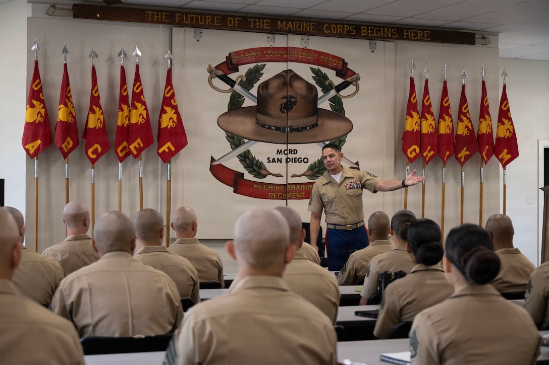 U.S. Marine Corps Sgt. Maj. Carlos A. Ruiz, the 20th Sergeant Major of the Marine Corps, visits Marine Corps Recruit Depot San Diego, June 5, 2026. During his visit, Ruiz spoke to students and staff of Drill Instructor School and Basic Recruiting and Retention School. Ruiz visited to gain firsthand insight on the courses. (U.S. Marine Corps photo by Gunnery Sgt. Jordan E. Gilbert)