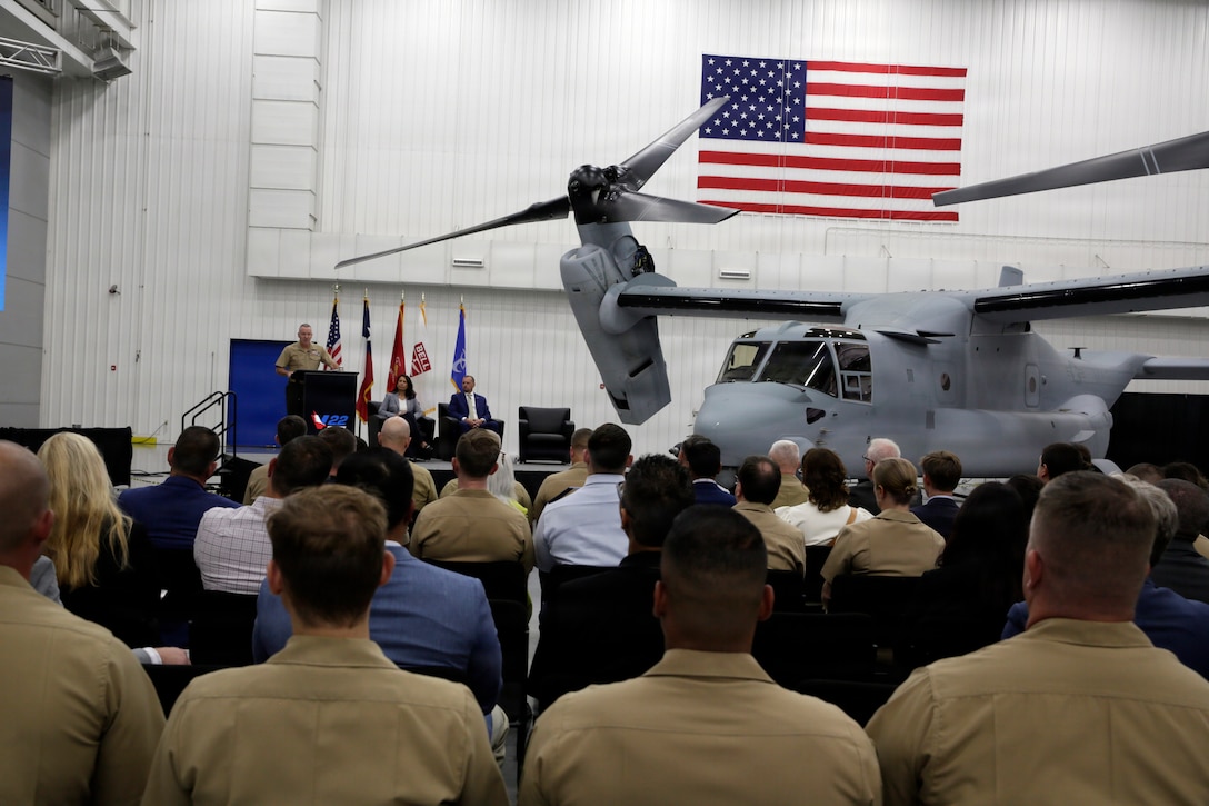 Lt. Gen. William Swan, Deputy Commandant for Aviation, delivers the keynote speech during the MV‑22B Osprey Program of Record ceremony at Bell Helicopter’s Amarillo, Texas, facility, July 28, 2026. The event marked a major milestone for the MV‑22B program and highlighted continued collaboration between the Navy, Marine Corps, and industry partners.