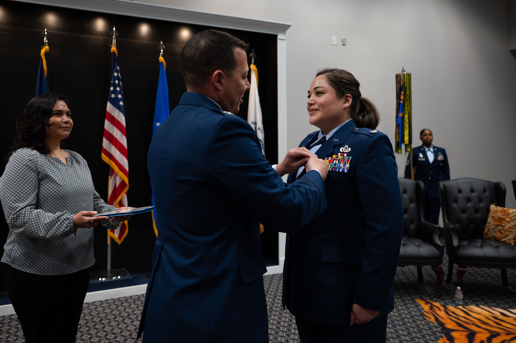 U.S Air Force Col. Jason Gerber, 17th Training Group commander, presents Lt. Col. Nancy Schwab, outgoing 17th Training Squadron commander, with a Meritorious Service Medal during the Change of Command Ceremony, Goodfellow Air Force Base, Texas, July 23, 2026.