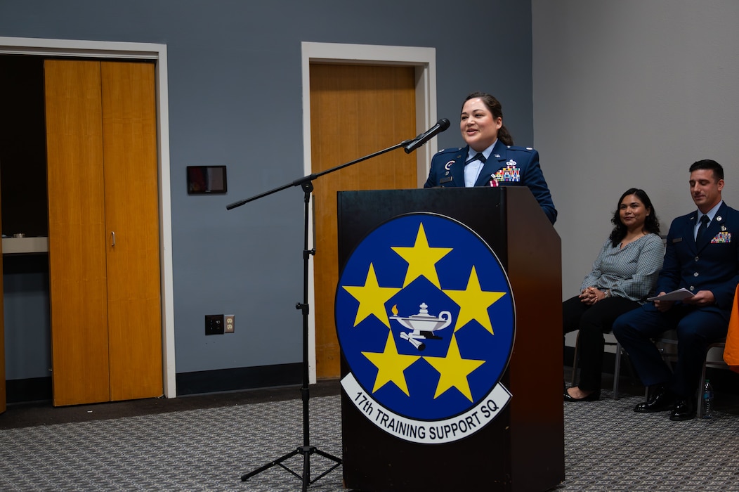 Lt. Col. Nancy Schwab, outgoing 17th Training Squadron commander, speaks during the 17th Training Squadron Change of Command Ceremony, Goodfellow Air Force Base, Texas, July 23, 2026.